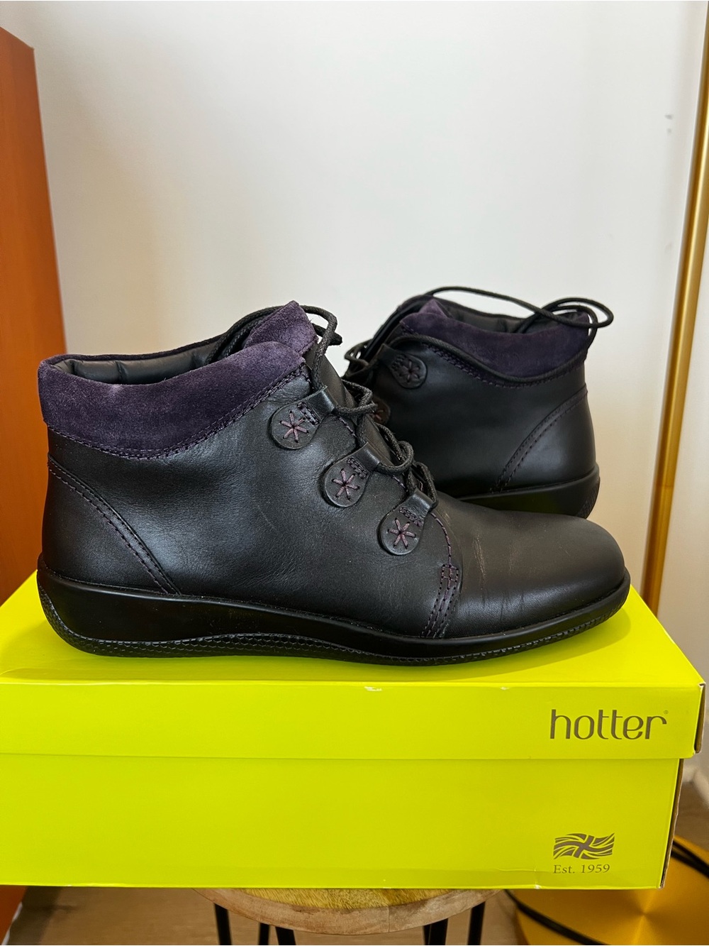 hotter Black Leather Ankle Booties with Purple Suede Collar